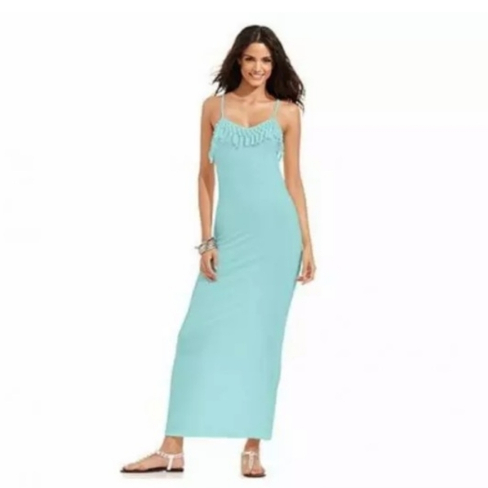 Rebel Sky Turquoise Beach Cover Up Spaghetti Strap Fringe Maxi Dress